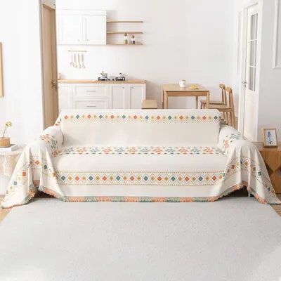 Produktbild von Decke Boho-karierte Chenille-Decke, weiche Überwürfe für Sofas, waschbare Decke für Bettsofas, Sessel, Wohnzimmer, 180 x 340 cm, Beige