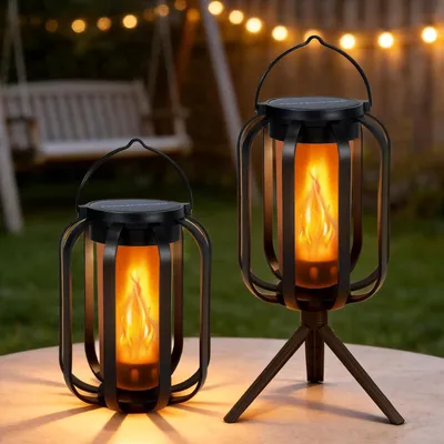 Produktbild von Solar LED Flammenlaterne 2er Set, Garten Laterne hängend, warmweißes Flackerlicht, 4 Modi, wasserdicht, dekorative Gartenbeleuchtung für Außenbereich