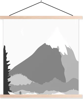 Produktbild von MuchoWow® Textilposter Illustration - Berg - Schwarz - Weiß 60x60 cm mit holzfarbenen Rahmen - Wanddekoration