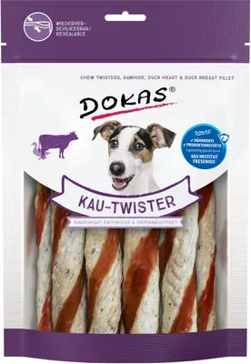 Produktbild von Dokas Kau Twister Rinderhaut, Entenherz & Entenbrust 200 g