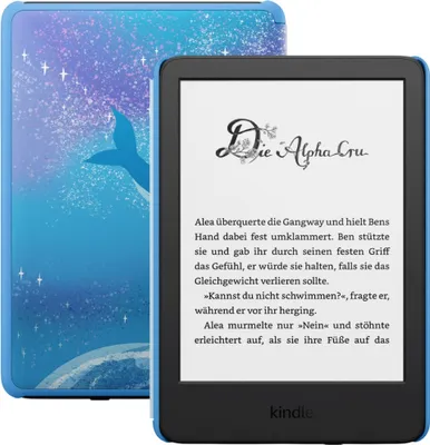 A blue Kindle Kids e-reader with a whale and starry sky design on its cover, shown next to the e-reader itself displaying text.