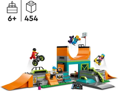 Zdjęcie produktu dla LEGO 60364 City Uliczny skatepark, zabawka dla dzieci, chłopców i dziewczynek, w wieku od 6 lat z rowerem BMX, deskorolką, hulajnogą, rolkami do akrobacji i 4 minifigurkami skaterów, nowość 2023