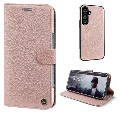 Produktbild von Echtleder Handyhülle für Samsung Galaxy S25 RFID Schutz Cover Leder Hülle Magnetring 2-in-1 Bumper abnehmbar Farbe: Rosa