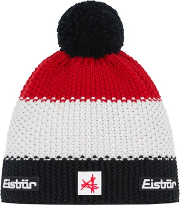 Produktbild von Eisbär Star Pompon MÜ SA Uni Strickmütze mit Fleece-Inlet Schwarz/White/Ketchup, 33172-330 - Gr. One Size