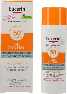 A product box and bottle of Eucerin Oil Control Sun Gel-Creme SPF 50+.