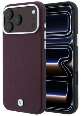 Zdjęcie produktu dla Metalowe logo BMW z tłoczonym znakiem, wykończone pianką, kompatybilne z Apple iPhone 18 Pro / 17 Pro, kolor burgundowy