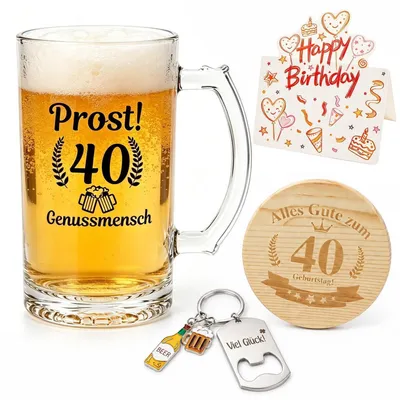 Produktbild von Bierglas Set 40. Geburtstag mit Untersetzer und Flaschenöffner
