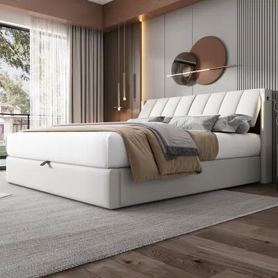 Obrázek produktu pro Čalouněná postel STILVORA 160 x 200 cm, hydraulická postel s úložným prostorem a nastavitelným čelem, postel pro mládež s LED osvětlením a úložným prostorem, bílá (bez matrace)