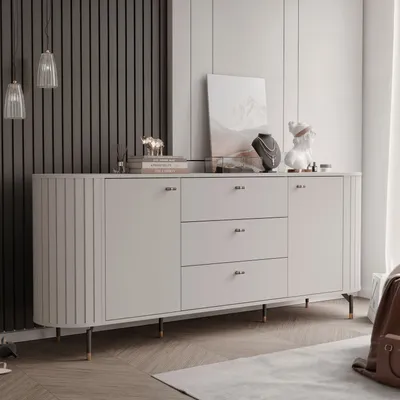 Obrázek produktu pro Dvoukřídlá komoda SENTO III 190 cm se zásuvkami a rýhovaným čelem, nohy v barvě kašmíru, velká příborník