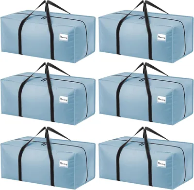 Image de Sacs de déménagement de 120 litres, lot de 6, imperméables, avec fermeture éclair, pour déménagement, couleur bleu clair