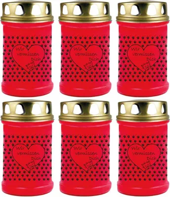 Produktbild von Grabkerze Rot 6er Pack, Brenndauer: 48 Stunden ( je Kerze ), Motiv: Herz Pfote