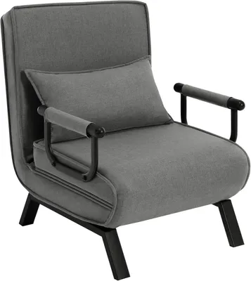 A grey armchair with black metal legs and armrests, shown from a three-quarter front view against a white background.