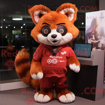 Produktbild von Rostroter REDBROKOLY Panda Maskottchen Kostüm Charakter bekleidet mit einem V-Ausschnitt T-Shirt und Haarnadeln