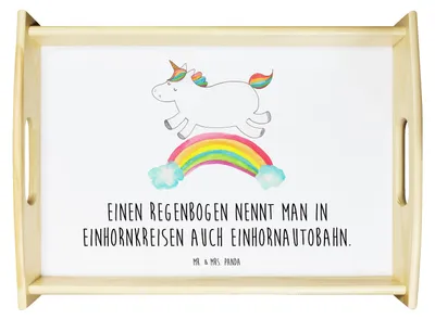 Produktbild von Mr. & Mrs. Panda Servier Tablett Einhorn Regenbogen - Weiß - Geschenk, Einhornpower, Erwachsenwerden, Serviertablett, Deko, sofatablett, aus holz, Dekotablett, Unicorn