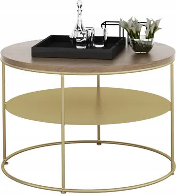 Zdjęcie produktu dla Okrągły Stolik Kawowy z Półką Loft 55 x 55 x 37 Złoty+Dąb Lancelot