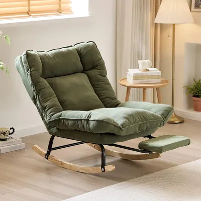 Produktbild von (Grün) Cord Schaukelstuhl mit verstellbarer Rückenlehne & Fußhocker, Gepolsterter Lesesessel für Wohnzimmer, Kinderzimmer oder Schlafzimmer
