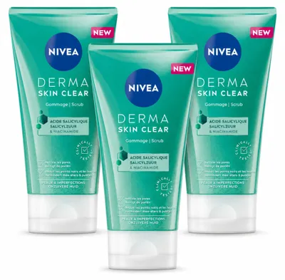 Imagen del producto de 3 exfoliantes faciales NIVEA DERMA Skin Clear para pieles con imperfecciones - 150 ml cada uno - Paquete de 3 unidades