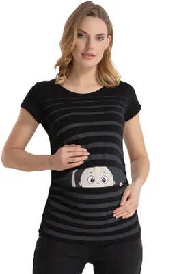 Produktbild von Umstandsshirt Kurzarm Guck Guck – Umstandsmode Damen Schwangerschaft, 95 % Baumwolle, Schwarz, Gr. M