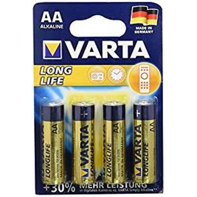 A retail package of Varta AA alkaline batteries.