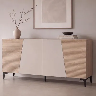 Image de Buffet HWC-Q83, commode avec portes à structure 3D, compartiments de rangement, en MDF mélaminé, dimensions 80x160x42 cm, aspect chêne