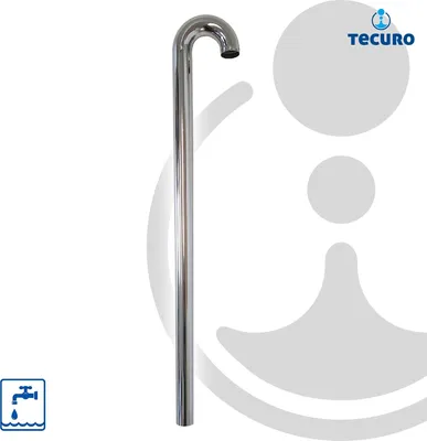A chrome faucet spout shown vertically against a white and gray background.