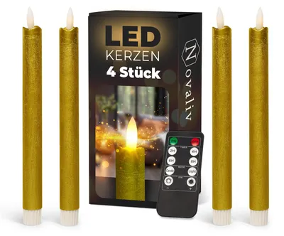 Produktbild von Stabkerzen LED mit Timer GOLD 4 Stück GOLD indoor - 6 Stunden - ECHTWACHS 23cm Höhe für Kerzen 2,2cm Durchmesser 2 AAA Batterien notwendig LED Stabkerzen flackernde Flamme bewegliche Flamme Licht