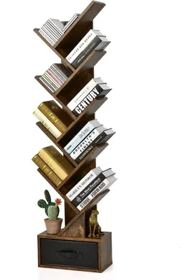 Produktbild von GOPLUS Bücherregal mit 10 Ablagen & Klappschublade, Baumform schmal Bücherschrank Lagerregal CD-Regal  Wohnzimmer, Büro