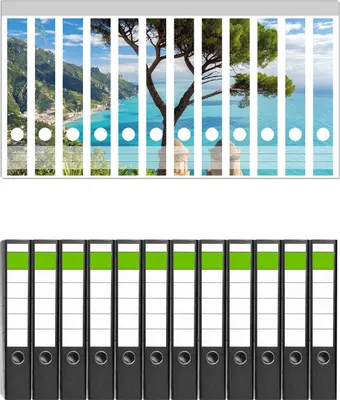 Produktbild von Wallario 12 Stück schmale Ordner inkl. Klebeetiketten mit Motive Italienische Küste -  Set mit Rückenschildern / Ordnerrücken Stickern