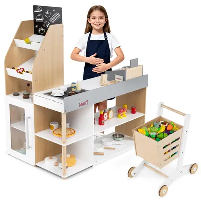 Produktbild von KOMFOTTEU Kaufladen mit Einkaufswagen aus Holz für Kinder ab 3 Jahren