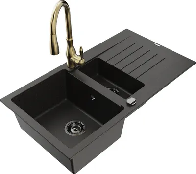 Produktbild von Mexen Matias 1,5-Becken-Granitspüle mit Abtropffläche und Mischbatterie Savita, Schwarz/Gold - 6502-75-672601-50-B