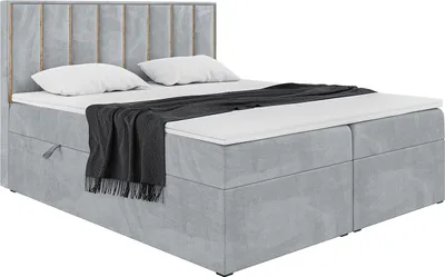 Produktbild von MEBLINI Boxspringbett mit Bettkasten - Gepolstert Doppelbett mit Matratze und Topper - Polsterbett mit Stauraum - Bett mit Kopfteil - Stauraumbett - Noah - 200x220 - H4/Hellgrau Samt