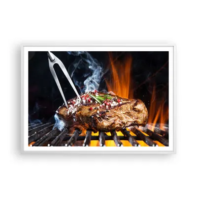 Produktbild von Gerahmtes Poster - Weißer Rahmen - Steak Grill Flammen Essen - 100x70 cm - Wand Bild - Wanddeko - Wandbilder - Wandposter - Bilderrahmen - Bilder - Kunstdruck - Wandbild - P2WAA100x70-2865