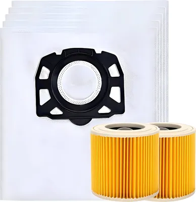 A product shot of vacuum cleaner bags and filters against a white background.