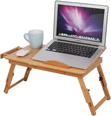 Obrázok produktu pre Nastaviteľný stojan na notebook z bambusu s odkladacou plochou – sklopný stolík na raňajky k posteli