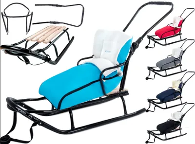 Immagine prodotto di GagaDumi Oslo slitta in metallo con schienale con cinture di sicurezza Barra di spinta e pedana Slitta per bambini Slittino ideale per bambini e adulti