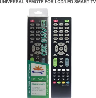 Two universal remote controls for LCD/LED smart TVs are displayed side-by-side against a white background. One remote is in its packaging.