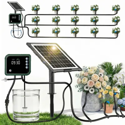 Produktbild von MIAJARD Solar Bewässerungssystem mit Steuergerät, 350 Timer-Modi Automatische Bewässerungssystem Garten mit 15M Schlauch Gartenbewässerung