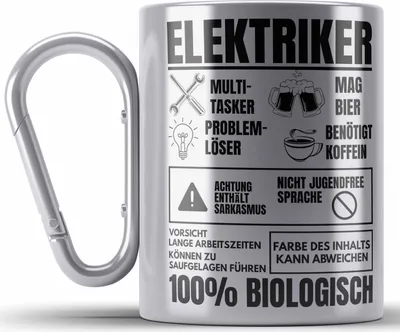 Produktbild von Trendation - Elektriker Edelstahl Tasse Karabiner Geschenk Elektromeister Lustiger Spruch Männer Geschenkidee Multitasker (Silber)