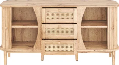Produktbild von Merax Sideboard 140,5x40x76 cm in Holzoptik mit Rattanschubladen, Kommode mit Schiebetüren und abgerundeter Platte, Viel Stauraum für Wohnzimmer, Esszimmer und Flur