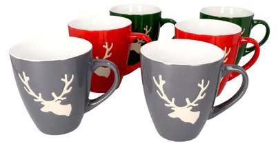 Produktbild von 6er Set Kaffeebecher Hirsch konisch 400 ml 2x Rot, Grün, Grau Glühwein Tasse