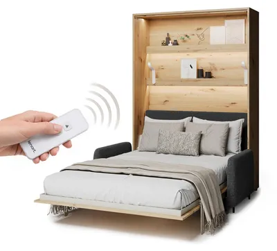 Produktbild von MEBLINI Elektrisches Schrankbett Bed Concept - Wandbett mit Lattenrost, Sofa und Kopfteil - Wandklappbett - BC-36 - 140x200cm Vertikal - Artisan Eiche - Sofa und Kopfteil Dunkelgrau ohne Matratze