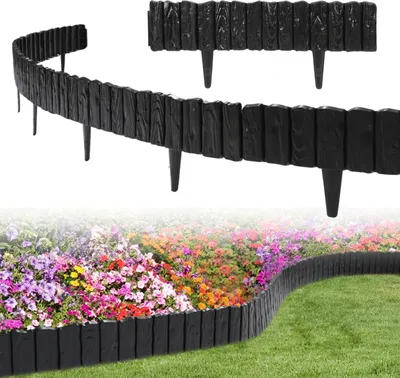 Produktbild von Hengda 4 Stück Rasenkante Holzoptik Beeteinfassung Beetzaun Beetumrandung Kunststoff für Garten, Wiese 2,3m Schwarz