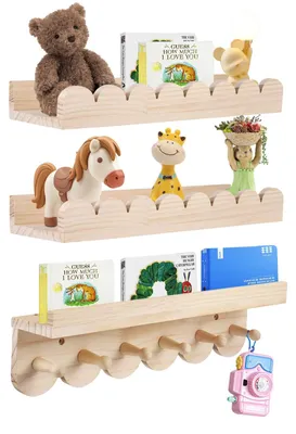 Image de Omgoods - Ensemble de 3 étagères murales en bois pour enfants - Étagères à livres avec crochets