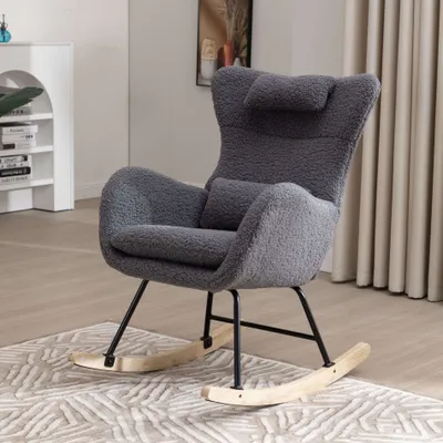 Produktbild von STILVORA Schaukelstuhl Relaxsessel Polsterstuhl mit Kopfstütze, Lendenkisse und Seitentaschen, mit hoher Rückenlehne, Fleece-Stoff, Gau