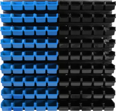A wall-mounted storage system with blue and black bins.