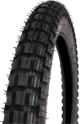 A close-up studio shot of a motorcycle tire.