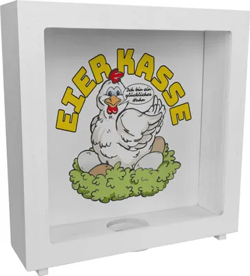 Produktbild von Eierkasse Rahmen Spardose aus Holz - ich bin ein glückliches Huhn Eierkasse