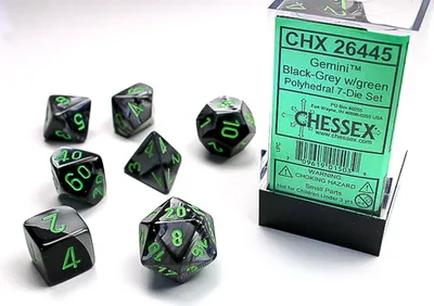 Productafbeelding van Chessex Polyhedra 7-delige dobbelset Gemini, zwart-grijs/groen