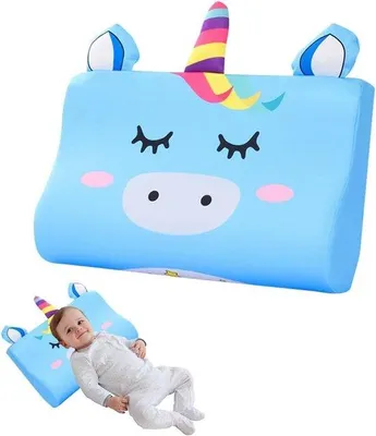 Productafbeelding van Ergonomisch Kinderen Kussen 46x26 cm - Ademend Schattige Dieren Kussen voor Jongens en Meisjes - Blauw Eenhoorn - Perfect voor Baby's en