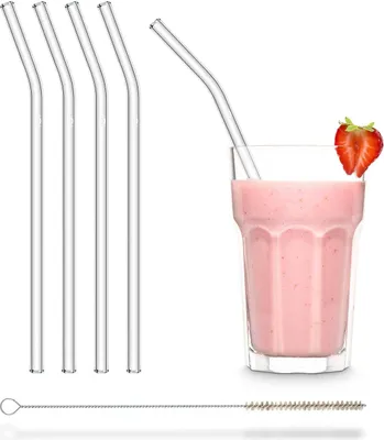 Produktbild von Halm Glastrinkhalme 23 cm gebogen 4-er Set mit Reinigungsbürste